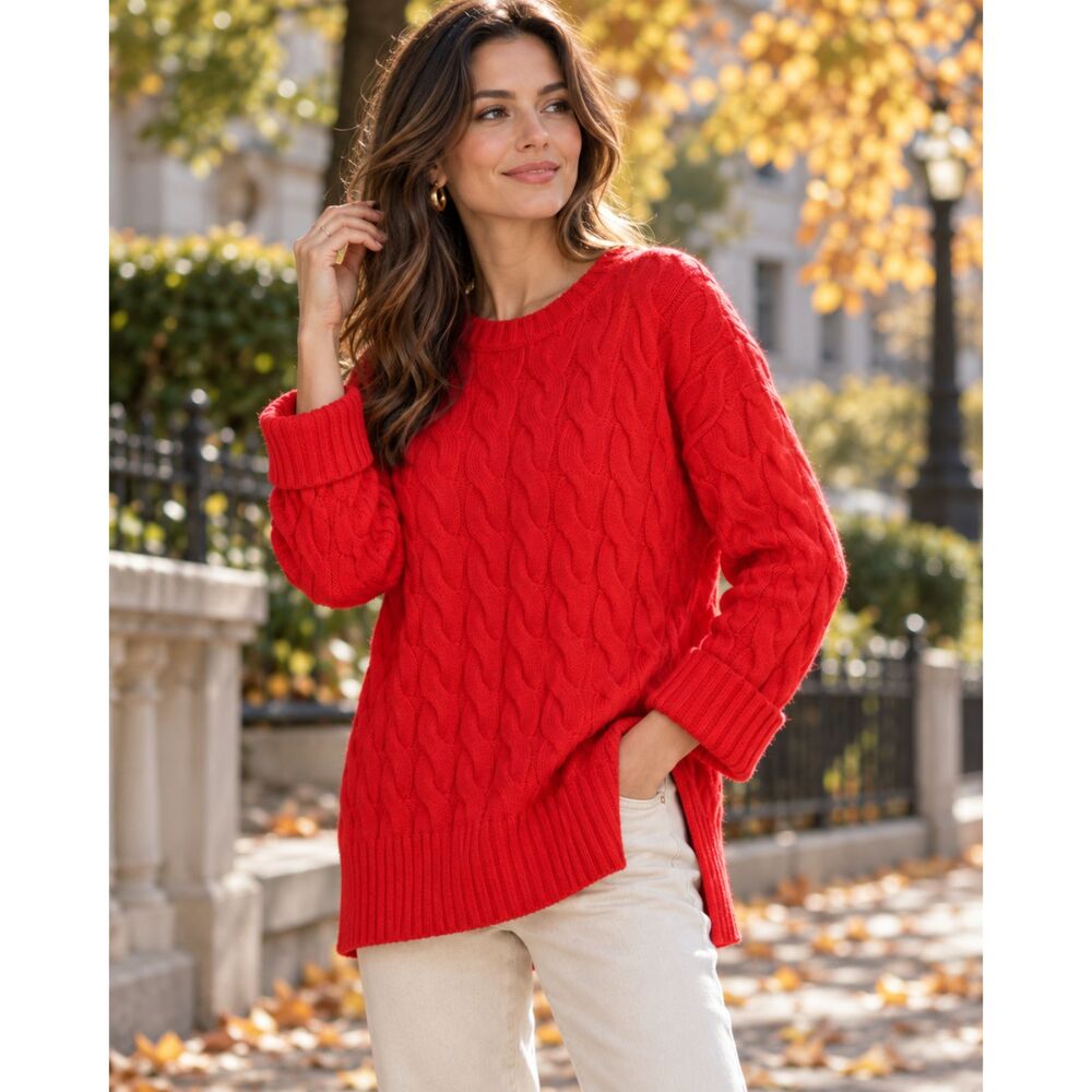 New J. CREW Cable Knit Sweater Women's Sz S/M in Scarlett Red